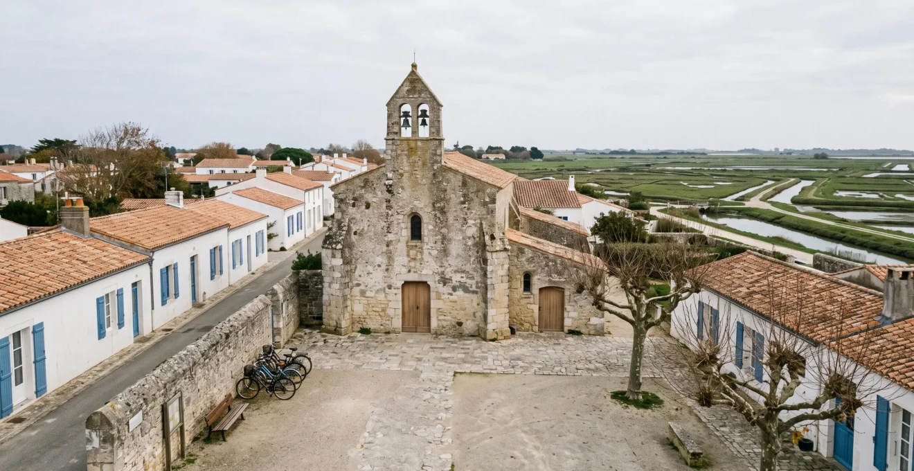 Stone church and quiet square in Loix with parked bicycles nearby.