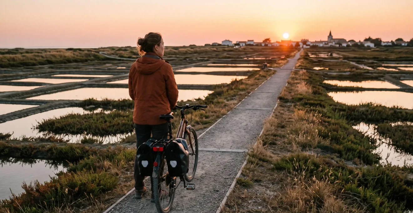 Cyclist standing by a bicycle on a salt marsh path near Loix at sunset.