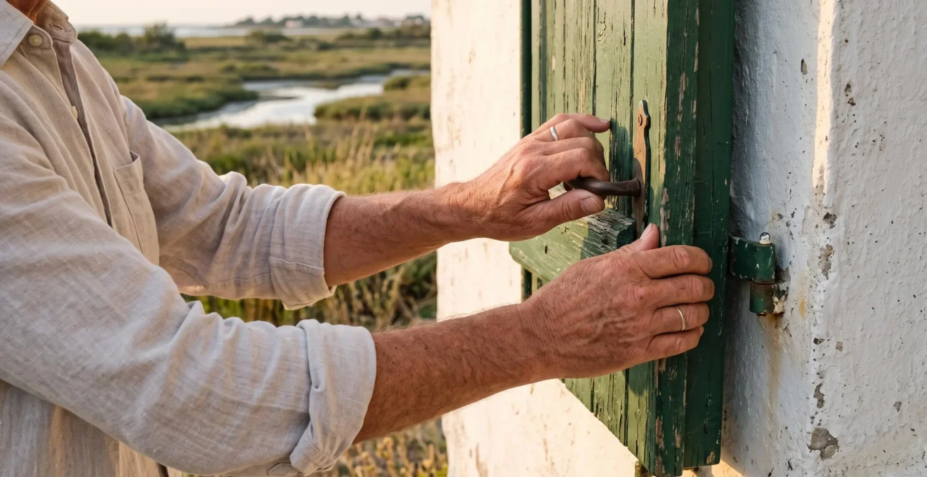 Hands opening a worn green wooden shutter of a whitewashed Loix house.